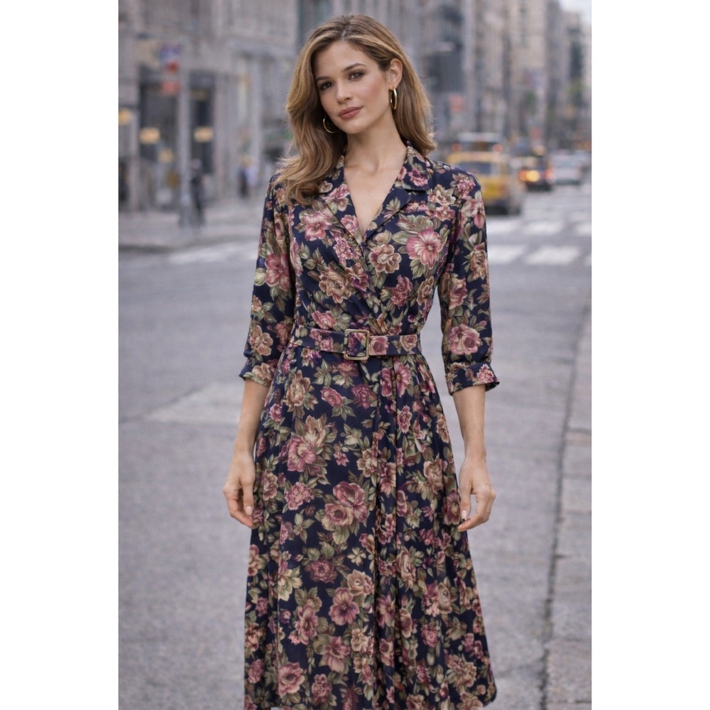 Worthington Button Front Floral Belted Long Sleeve Dress Women's Medium Vintage